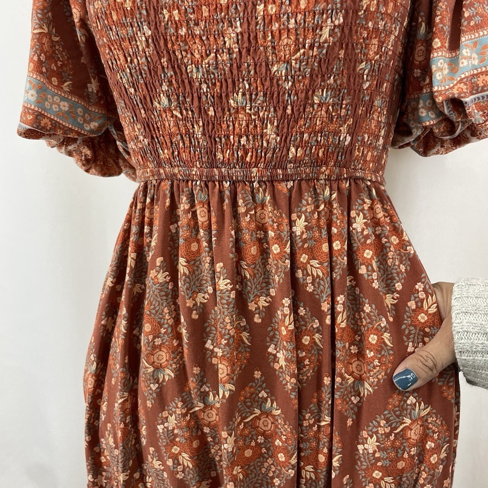 Iris Mi Size Small Smocked Mini Dress Rust Floral Boho Puff Sleeve Women - Picture 3 of 8